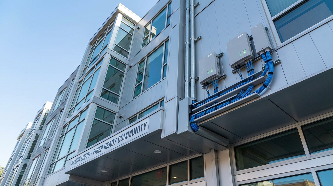 Modern apartment building in Akron with high-speed fiber optic internet infrastructure installation
