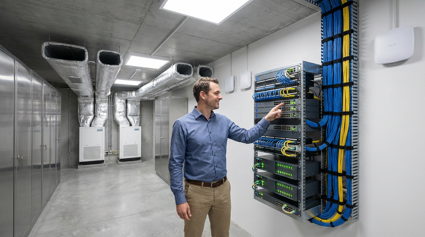Fiber optic cable installation in Akron multi-family property basement infrastructure room