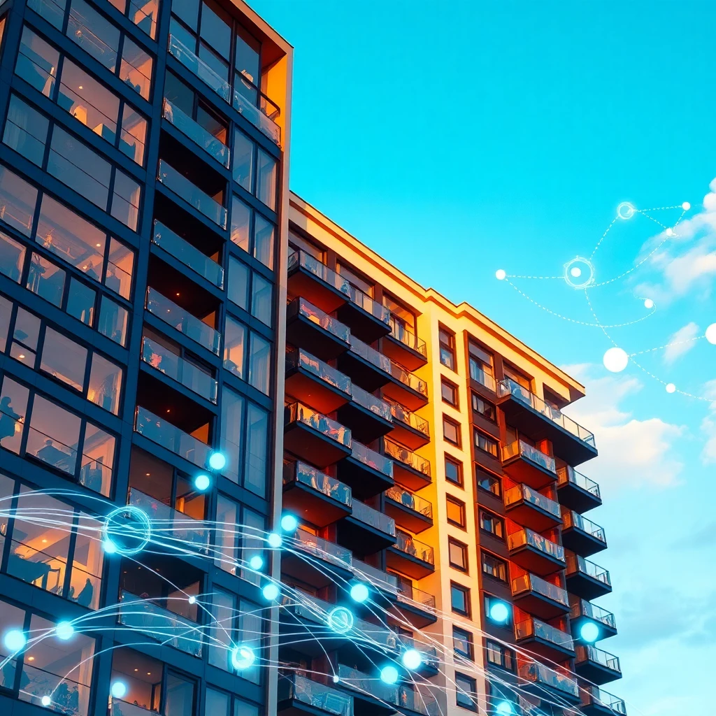 Modern apartment building exterior with wireless connectivity symbols representing building-wide internet coverage