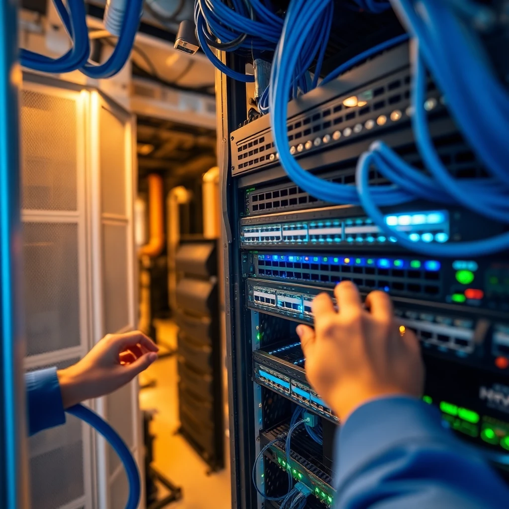 Network infrastructure diagram showing access points, switches, and management systems in a typical apartment building
