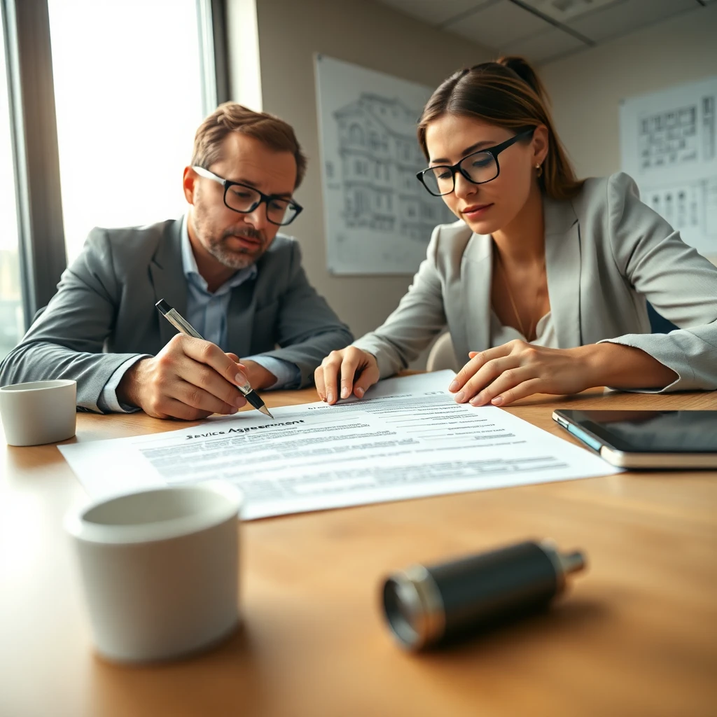Property manager and internet provider representative reviewing service agreement documents together
