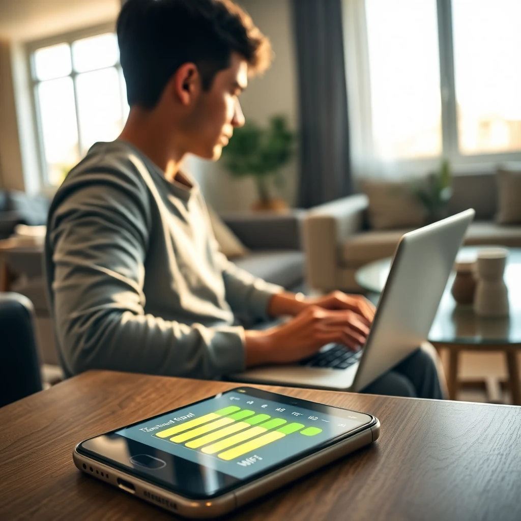 Resident using laptop in apartment living room with strong WiFi signal indicator visible