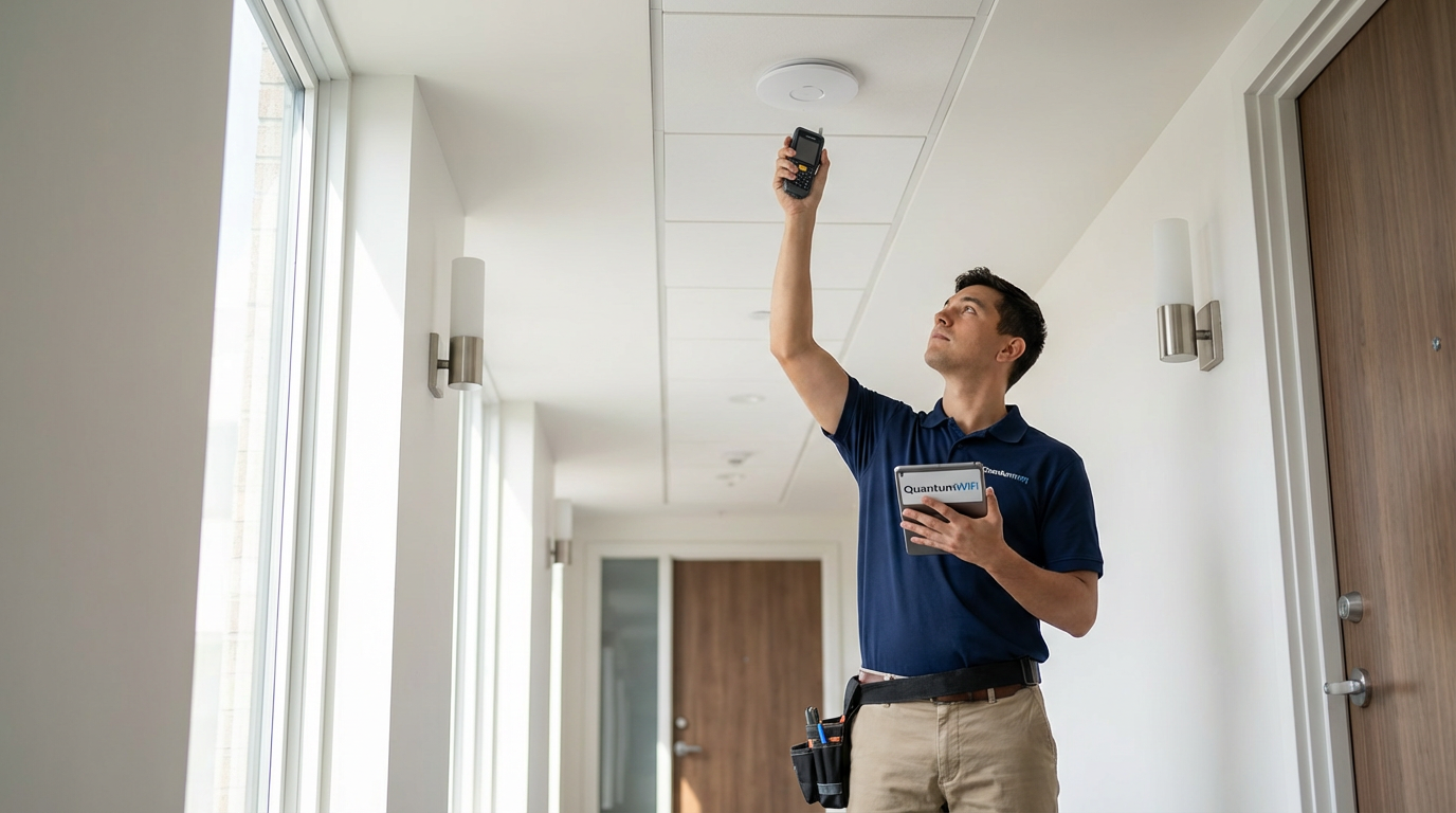 Network technician installing fiber optic cables in Augusta apartment building infrastructure