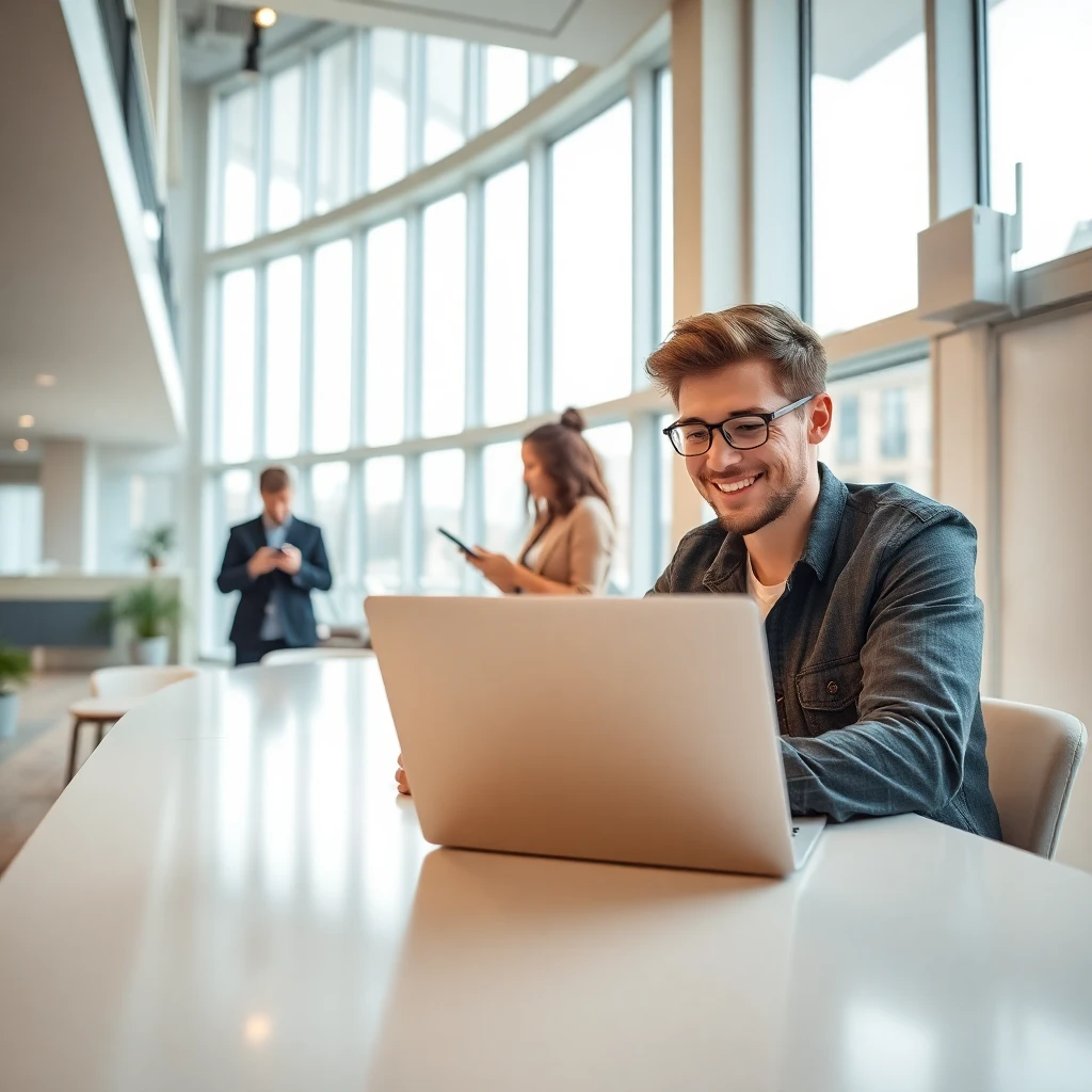 Modern apartment building with visible WiFi connectivity infrastructure and satisfied residents