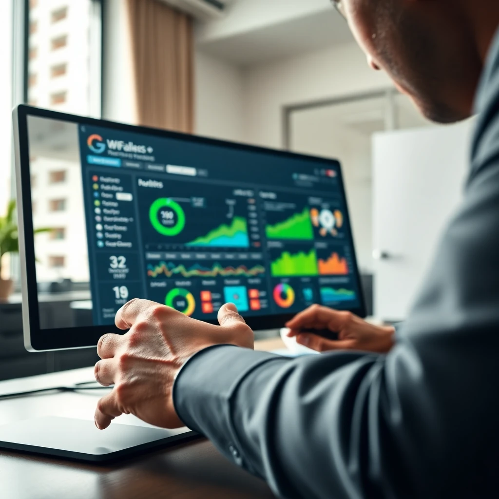 Property manager reviewing WiFi analytics dashboard showing network performance metrics