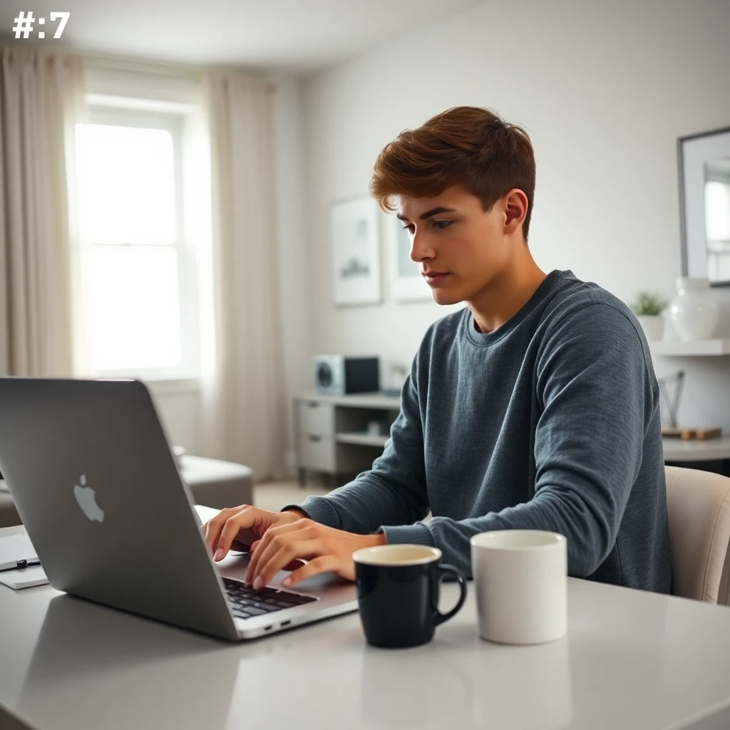 UNC Chapel Hill student studying with laptop in modern apartment with fast internet connection