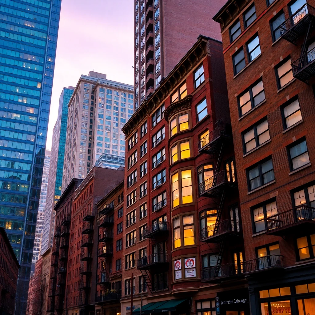 Chicago skyline at dusk showing diverse residential buildings from high-rises to historic apartments