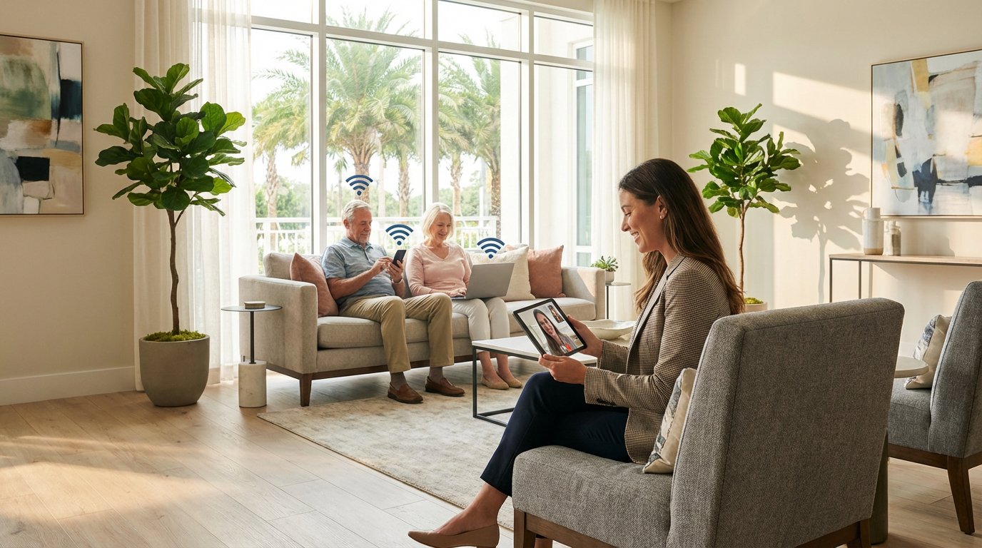 Modern Clearwater apartment complex with fiber optic internet infrastructure and happy residents using devices