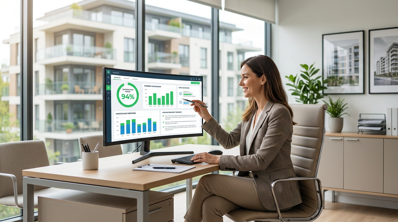 Property manager reviewing internet service analytics dashboard showing high satisfaction scores