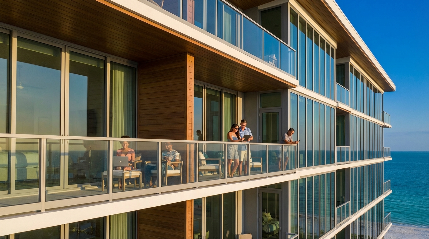 Aerial view of Clearwater Beach with modern apartment buildings showcasing premium connectivity infrastructure