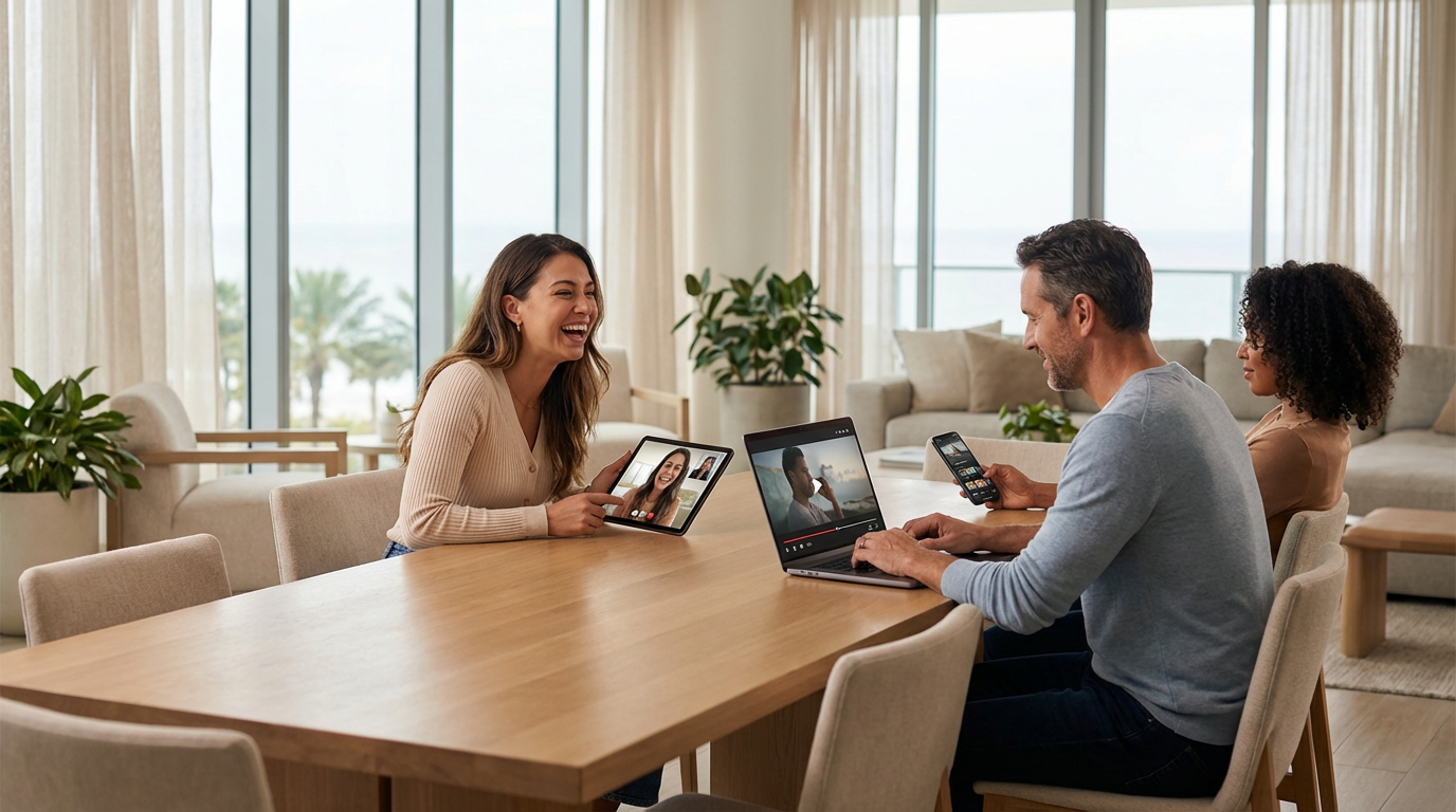 Happy residents in Clearwater apartment enjoying seamless video streaming and remote work connectivity