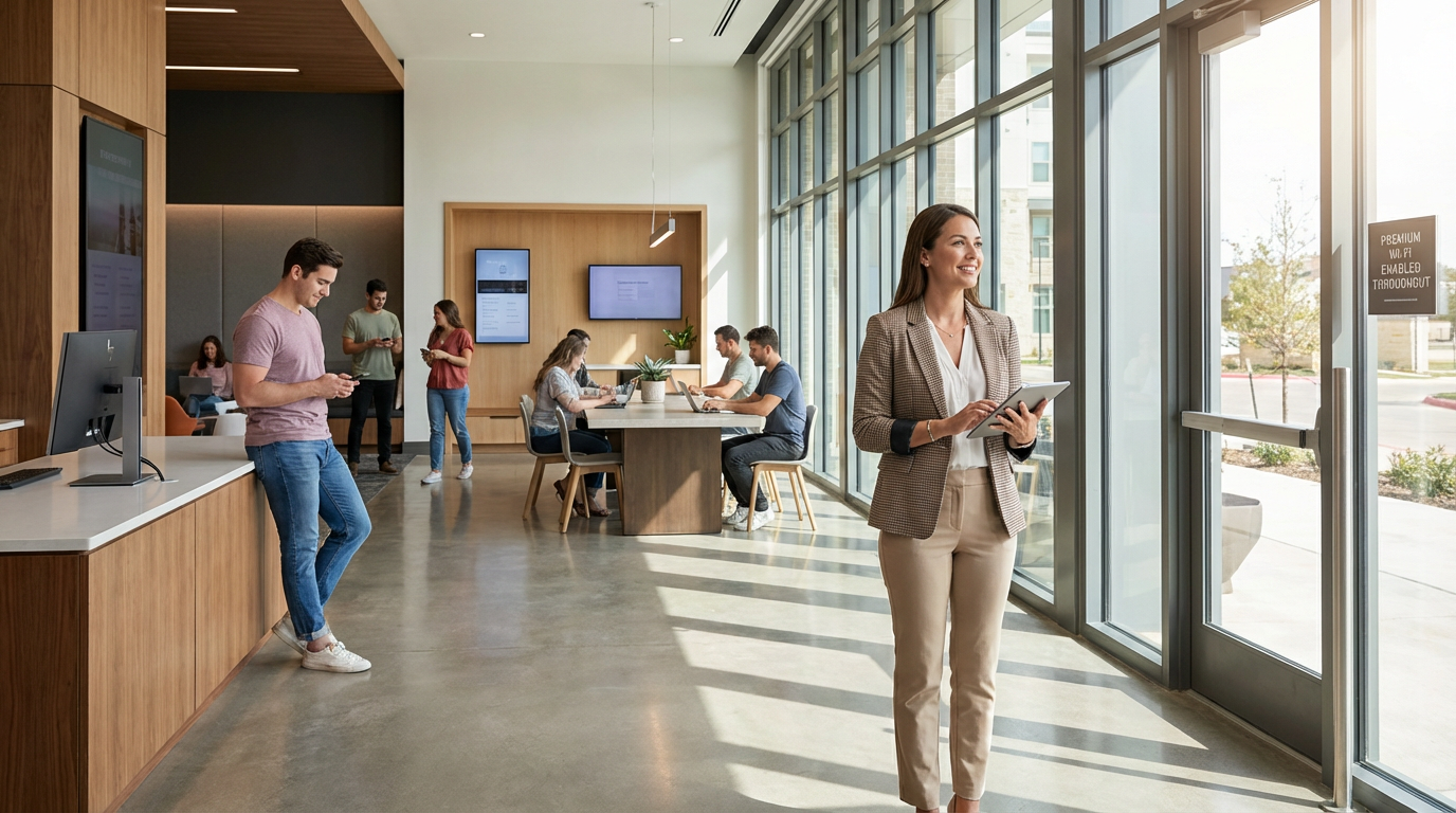 Modern apartment building in College Station with fiber optic internet installation in progress