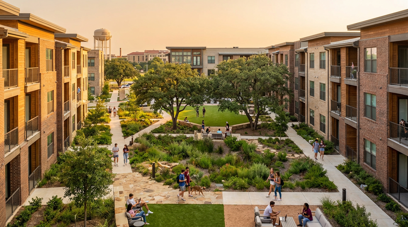 Aerial view of College Station Texas showing residential apartment communities near Texas A&M campus