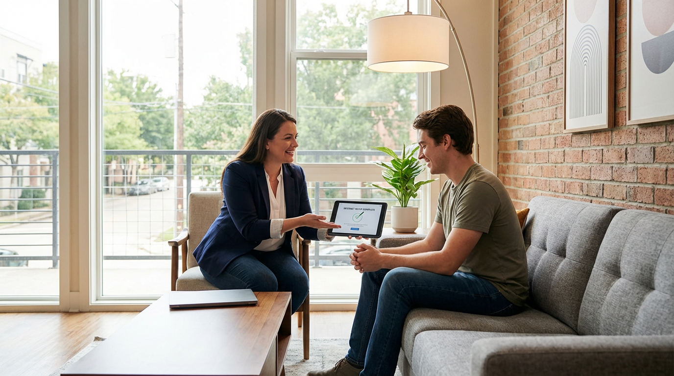 Customer service representative helping College Station apartment resident with internet setup