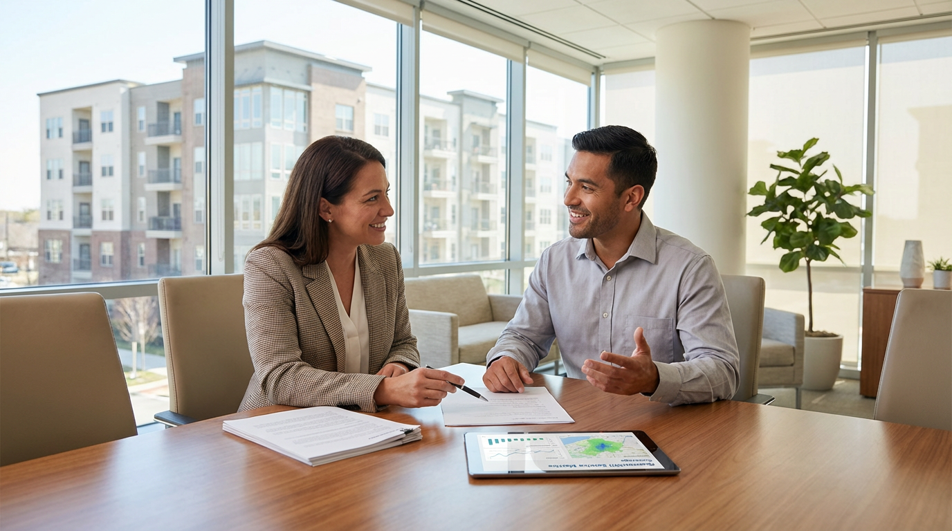 Property manager reviewing internet service agreements with Daytona Beach MDU Internet Provider representative
