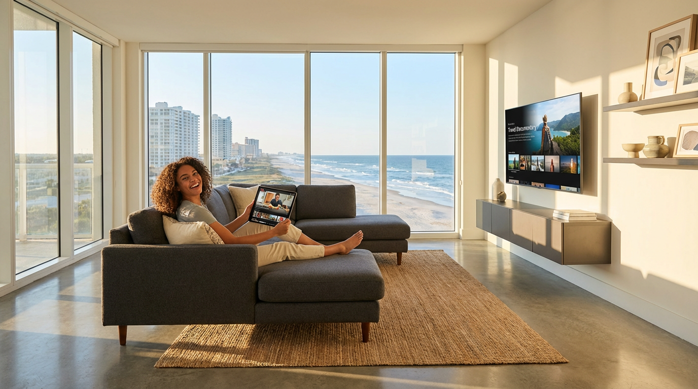 Resident enjoying high-speed internet streaming in modern Daytona Beach apartment living room