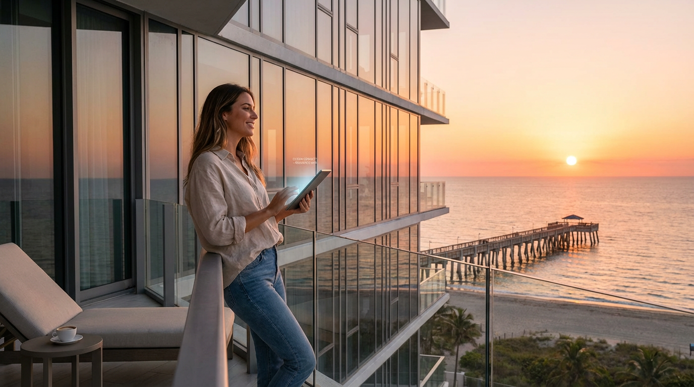 Scenic view of Deerfield Beach pier and oceanfront condominium towers at golden hour