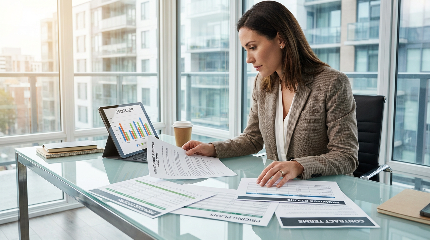 Business professional comparing MDU internet provider contracts and pricing documents at desk