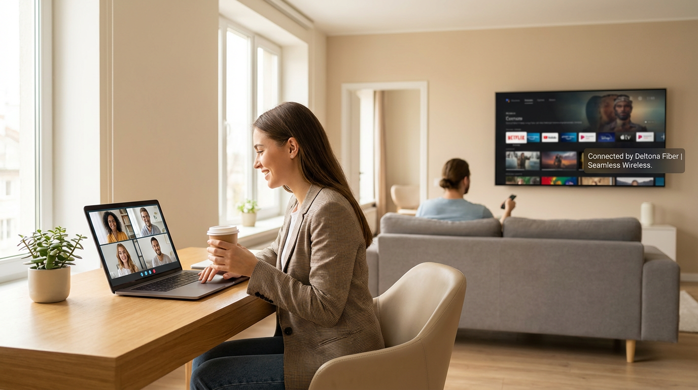 Happy residents in Deltona apartment using high-speed internet for streaming and remote work