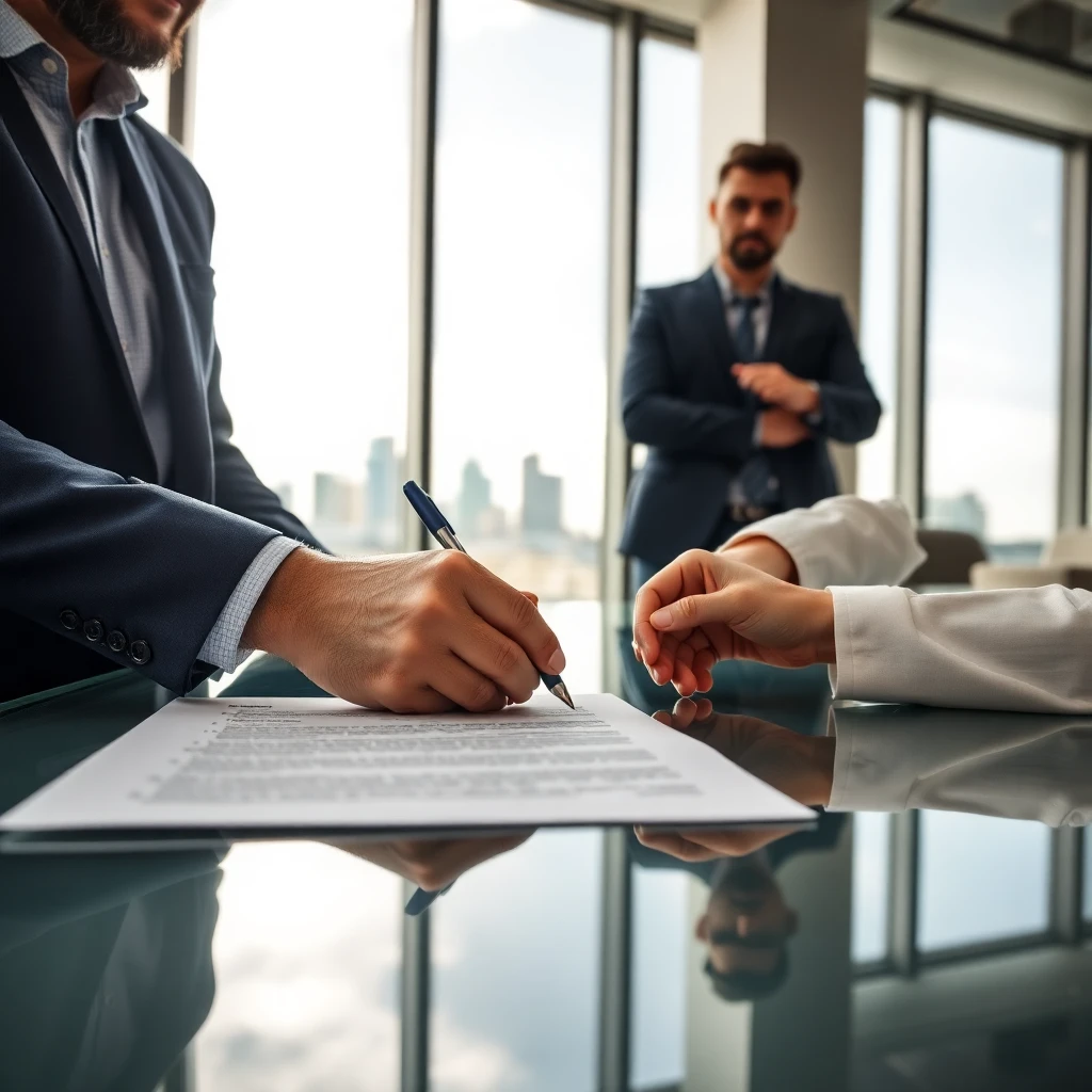 Denver property owner signing internet service agreement with provider representative in modern office