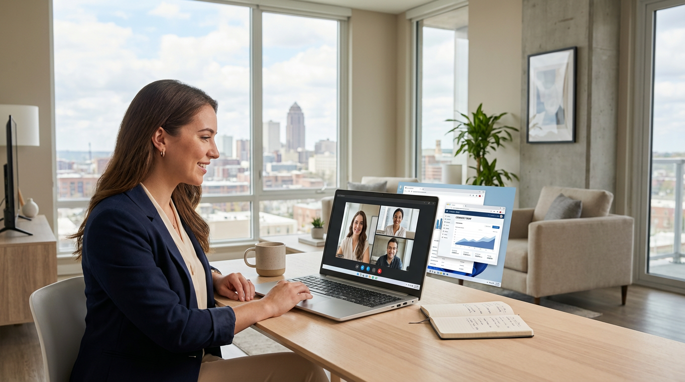 Professional working from home in Des Moines apartment with reliable high-speed internet connection