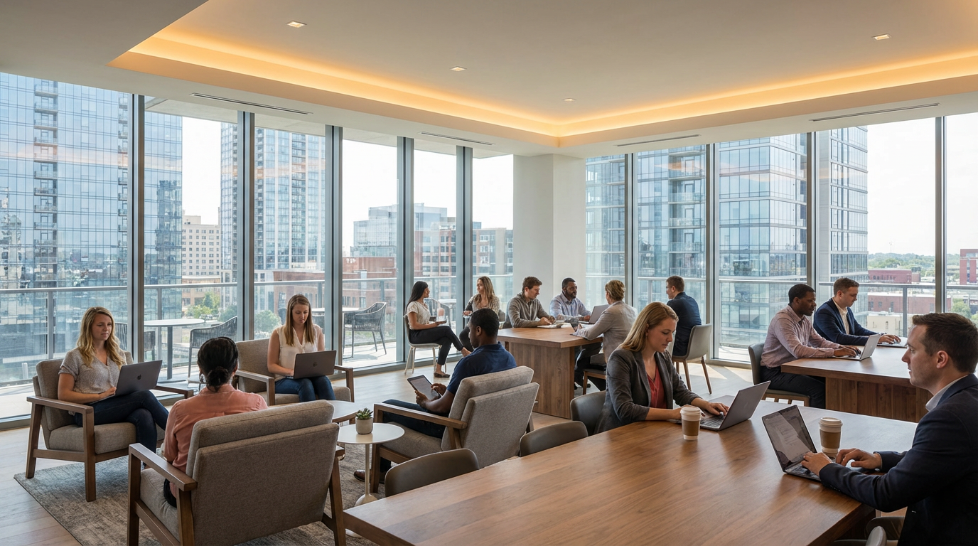 Downtown Des Moines skyline showing modern apartment buildings with advanced connectivity infrastructure
