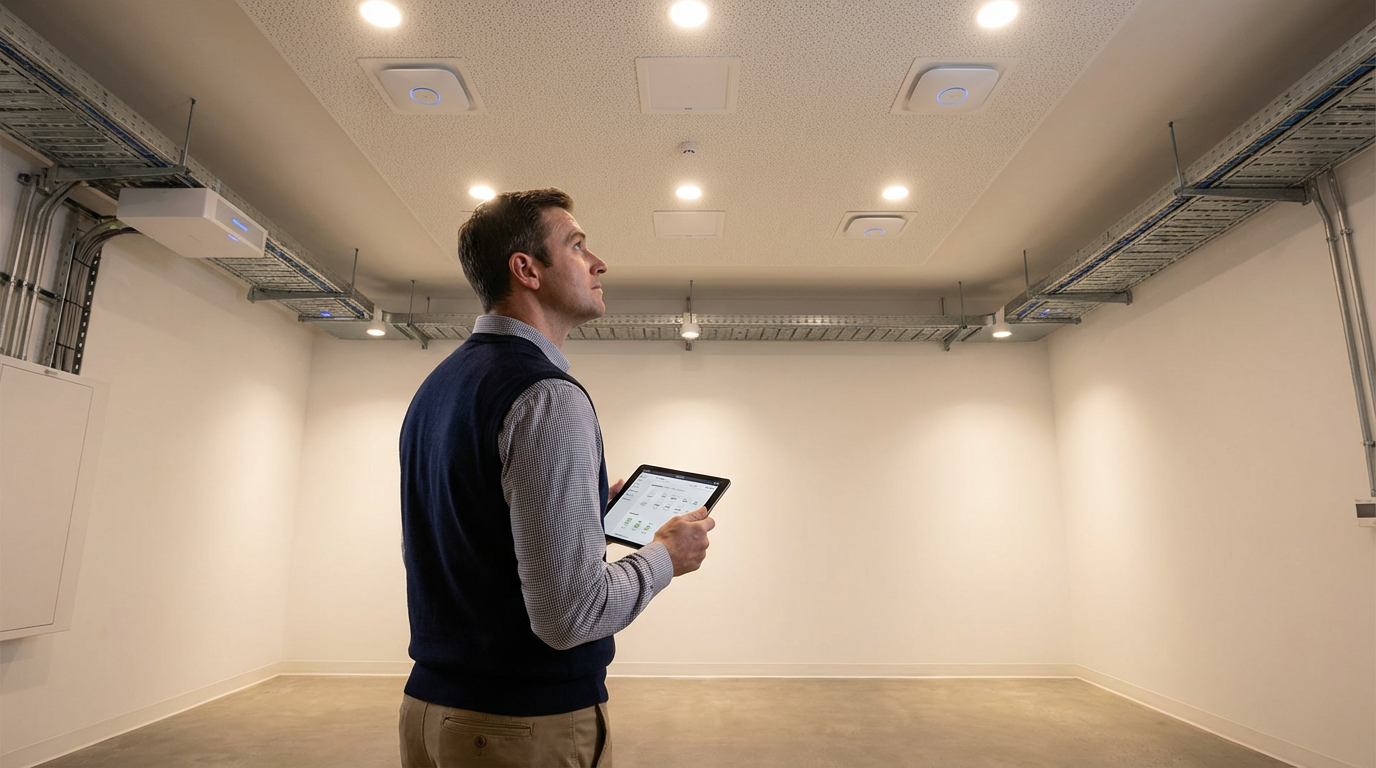 Network technician installing fiber optic cables in Des Moines apartment building infrastructure room