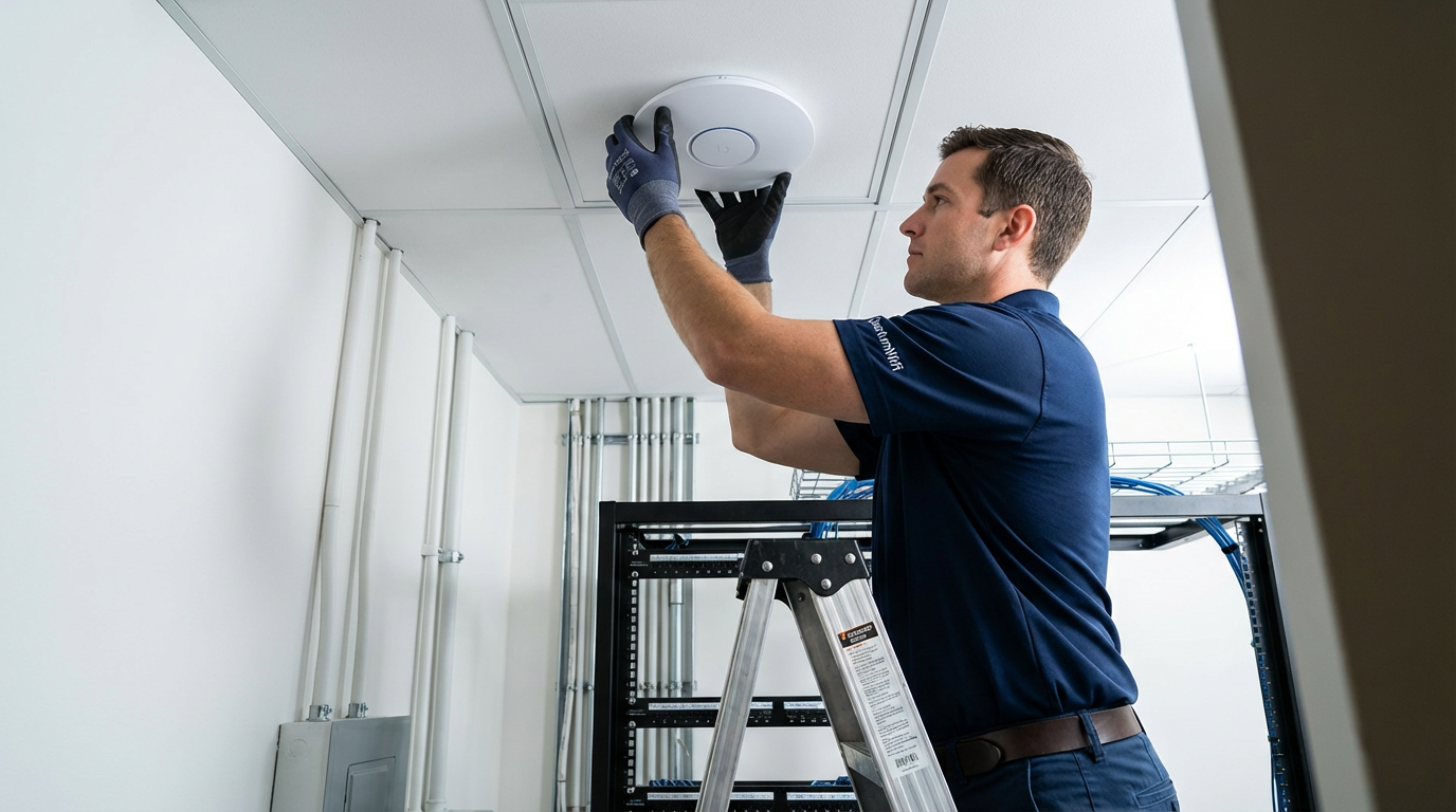 Technician installing fiber optic equipment in Eugene apartment building utility room