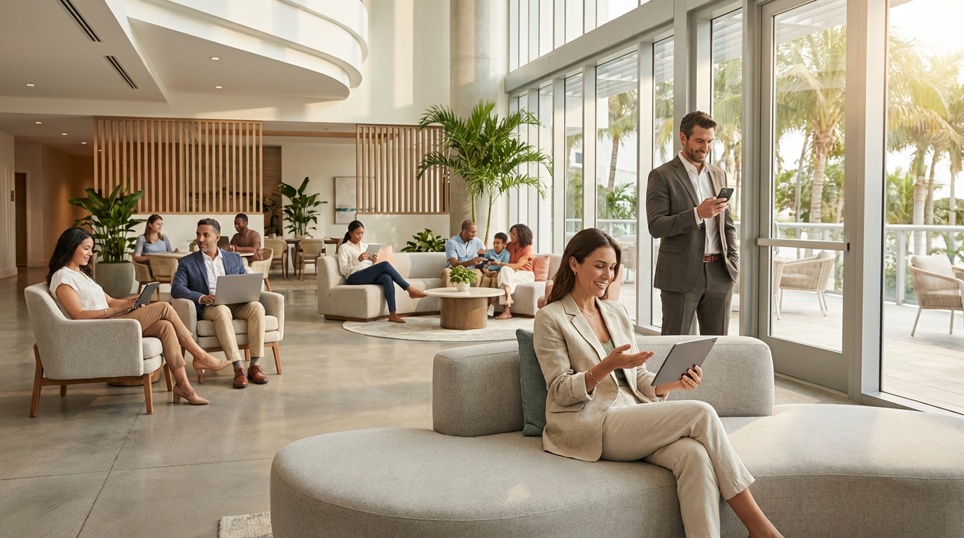 Modern Florida hotel lobby with guests enjoying seamless WiFi connectivity on multiple devices