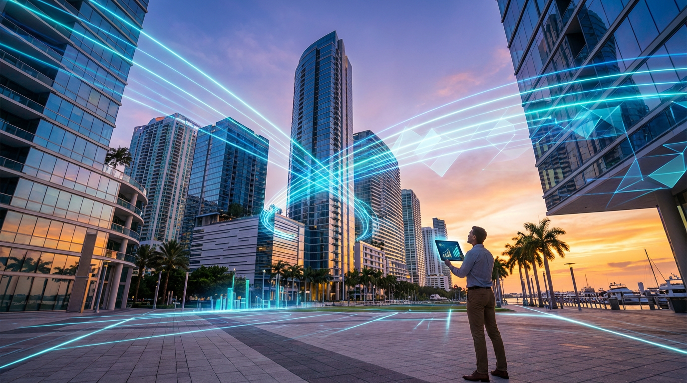 Aerial view of Florida coastal business district with wireless network coverage visualization overlay