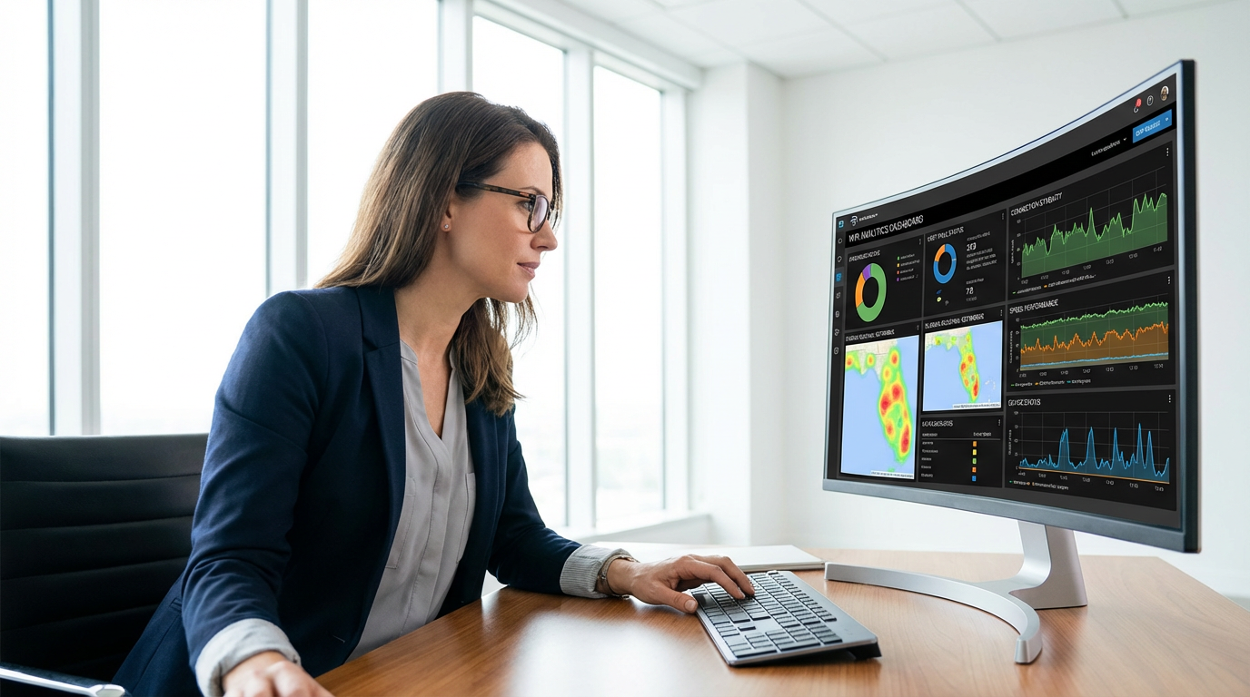 IT professional reviewing managed WiFi analytics dashboard showing Florida network performance metrics