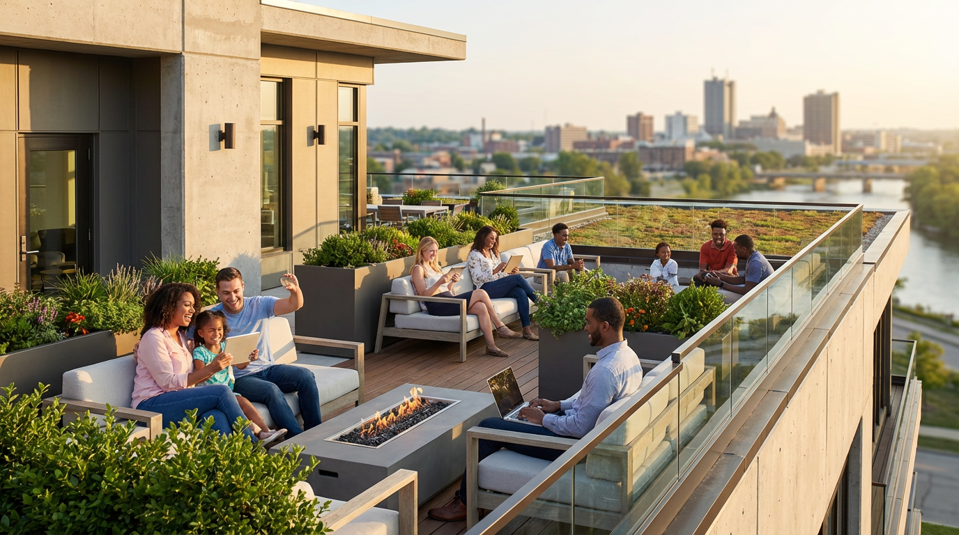Aerial view of downtown Fort Wayne showing new apartment developments near riverfront