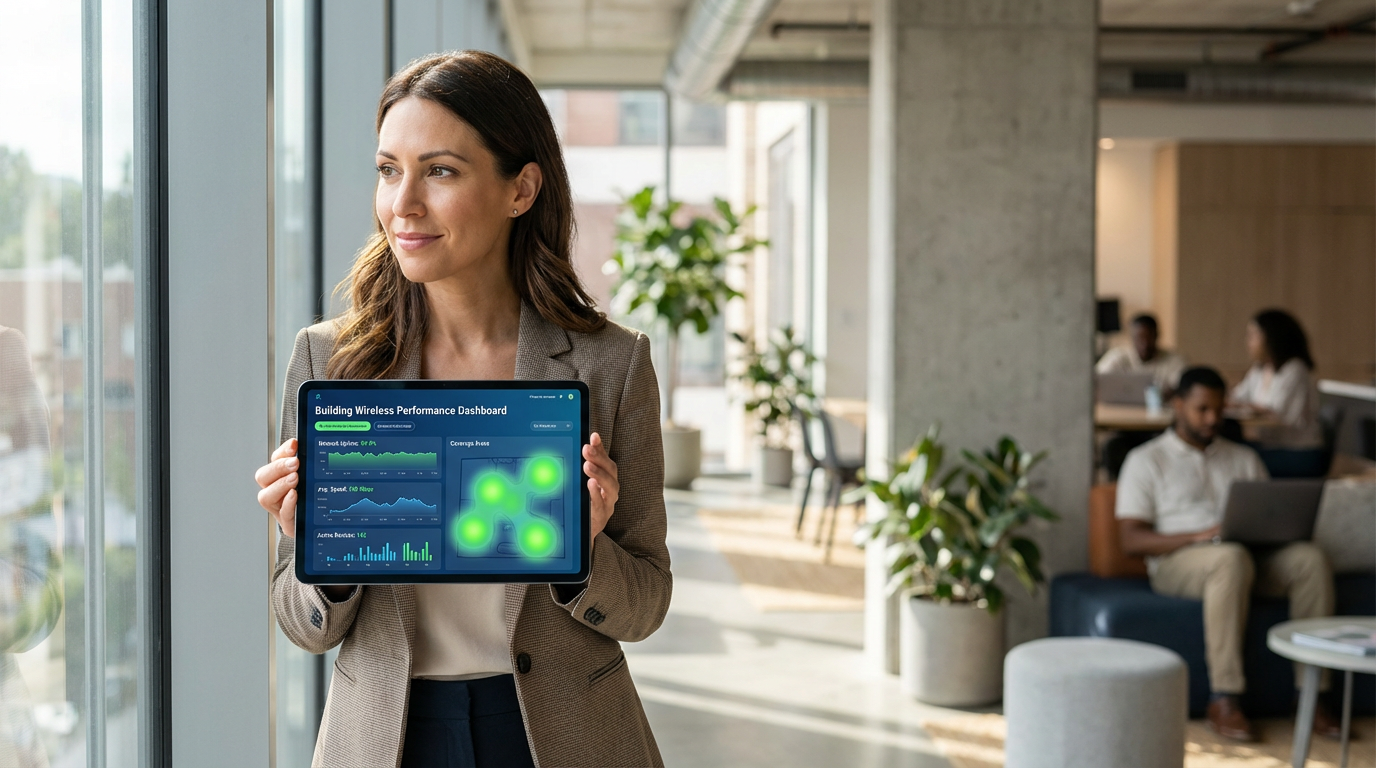 Property manager reviewing MDU internet performance dashboard on tablet device