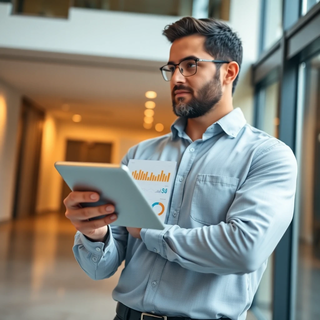 Property manager reviewing MDU internet analytics dashboard on tablet device