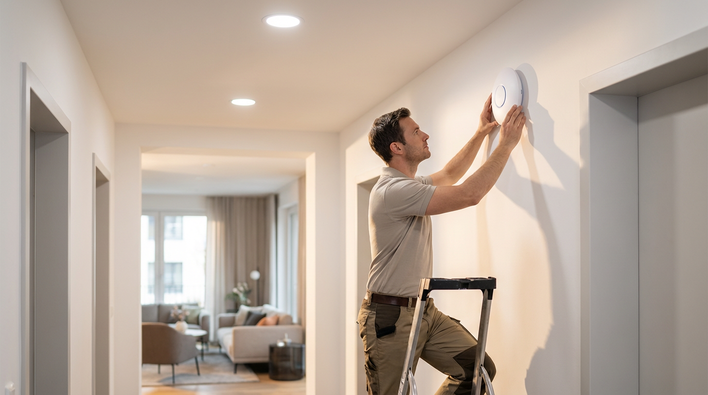 Technician installing fiber optic internet equipment in Killeen apartment building