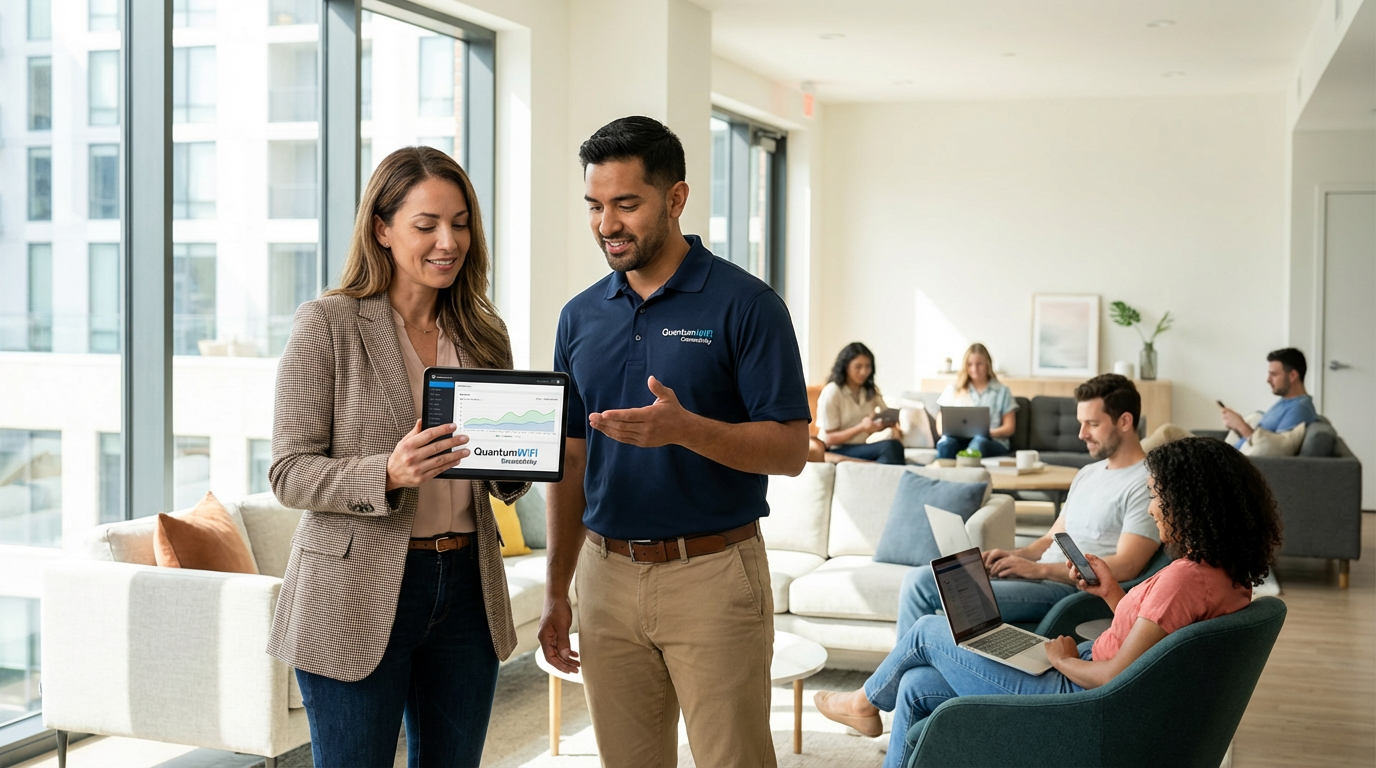 Property manager reviewing internet service options with Little Rock MDU Internet Provider representative