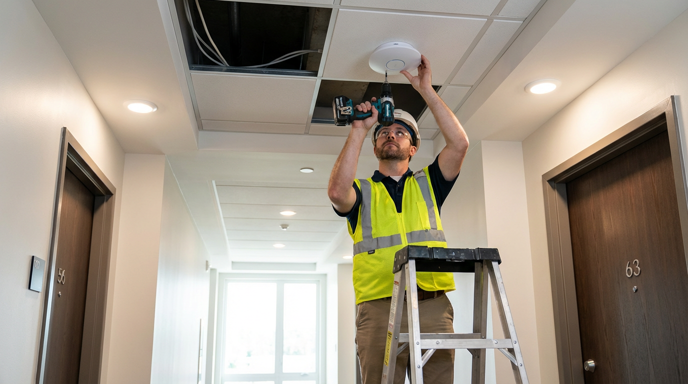 Technician installing fiber-optic internet infrastructure in Little Rock apartment building