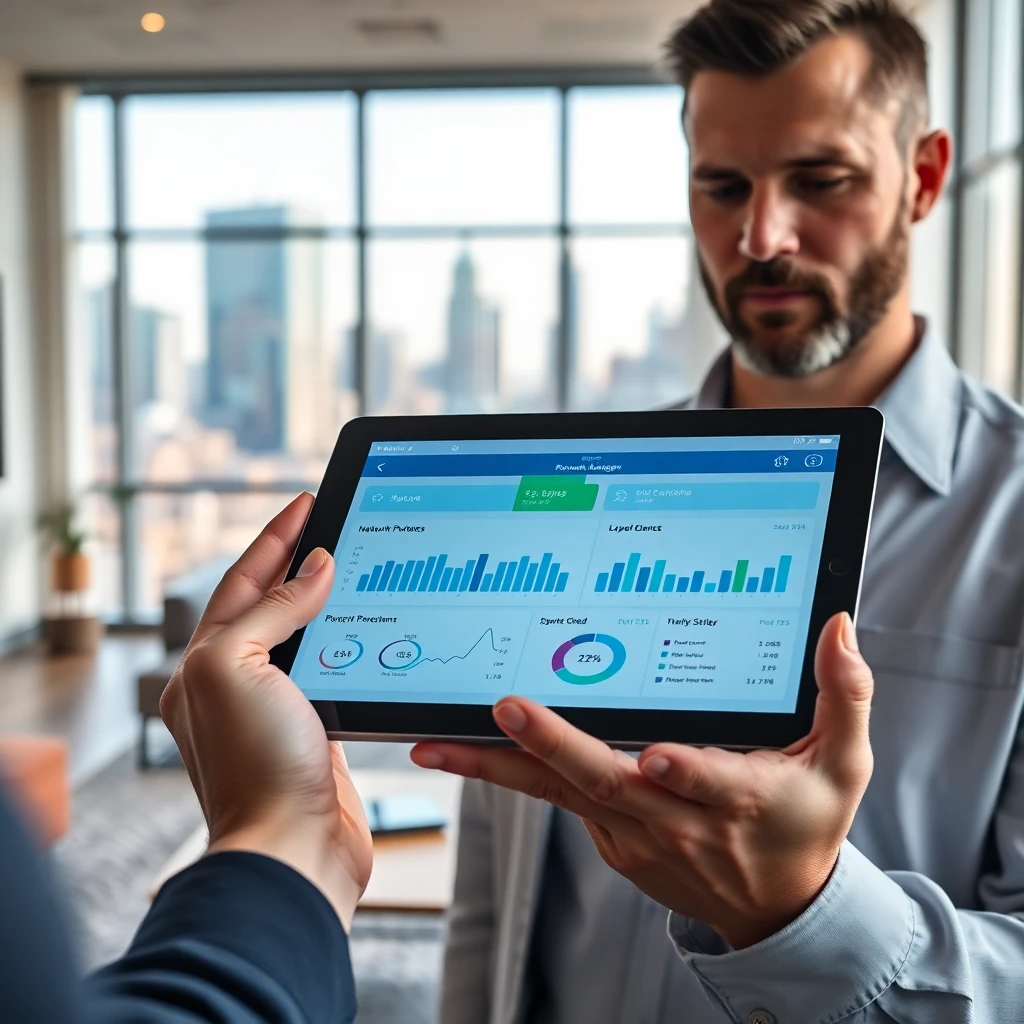 Property manager using tablet to monitor MDU internet network performance in Dallas apartment building