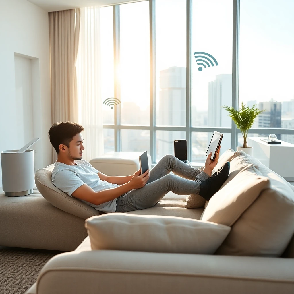 Resident using multiple connected devices in a Miami apartment living room