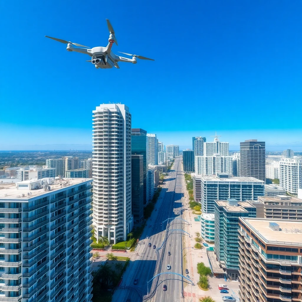 Aerial view of Miami skyline highlighting major fiber optic routes and data center locations