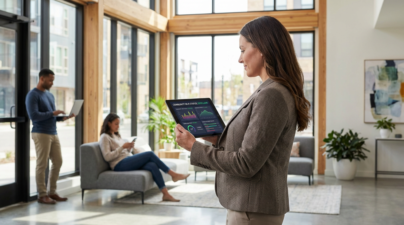 Property manager reviewing internet performance metrics on tablet in Minneapolis apartment lobby