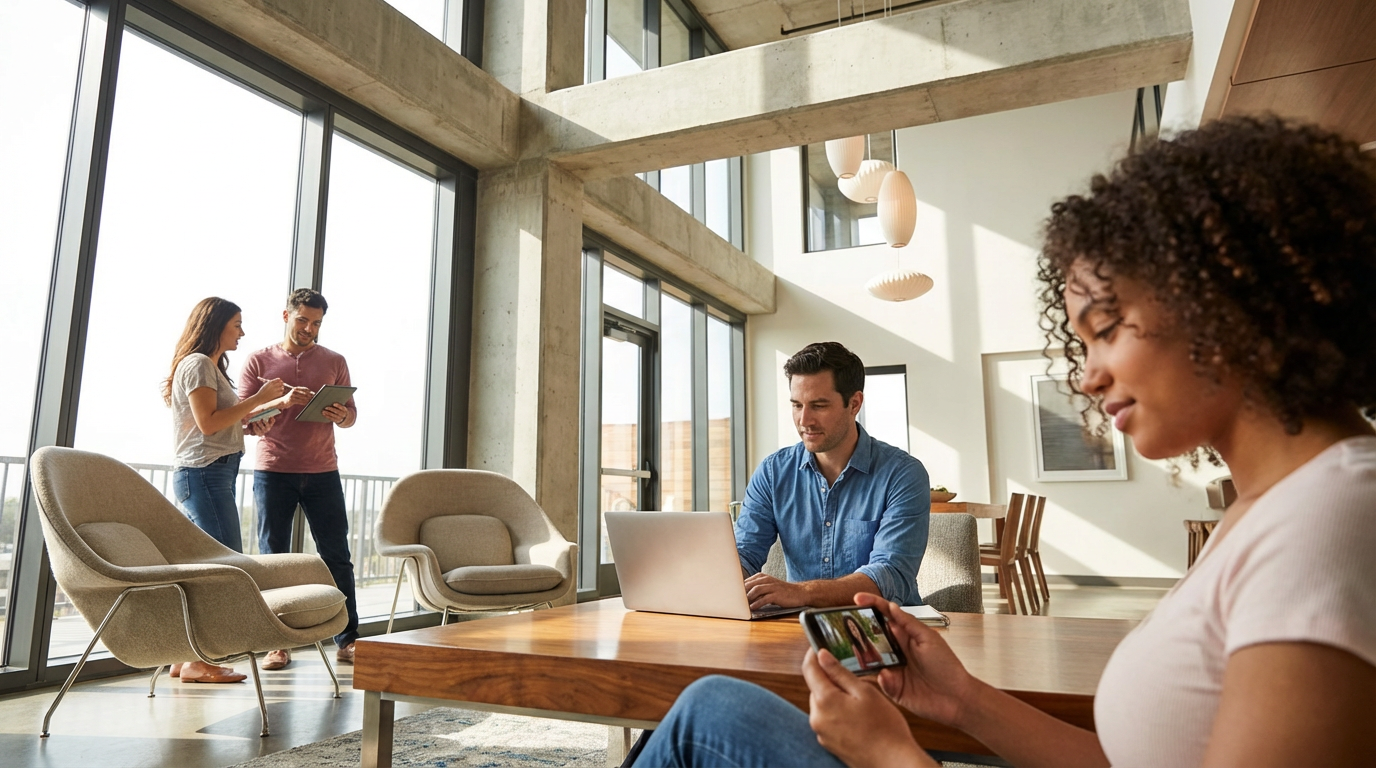 Diverse Minneapolis residents enjoying high-speed internet in modern apartment common area