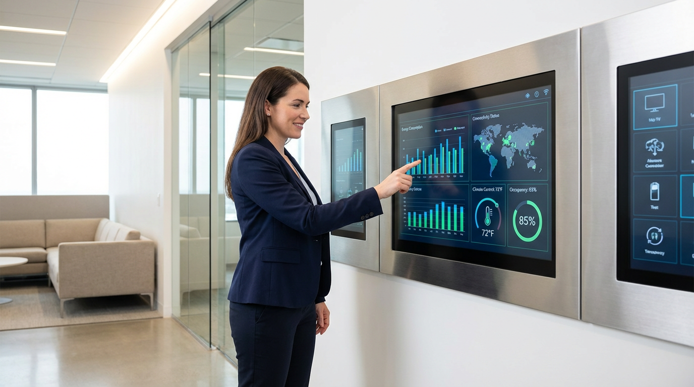 Smart building control panel showing integrated systems powered by MDU internet infrastructure