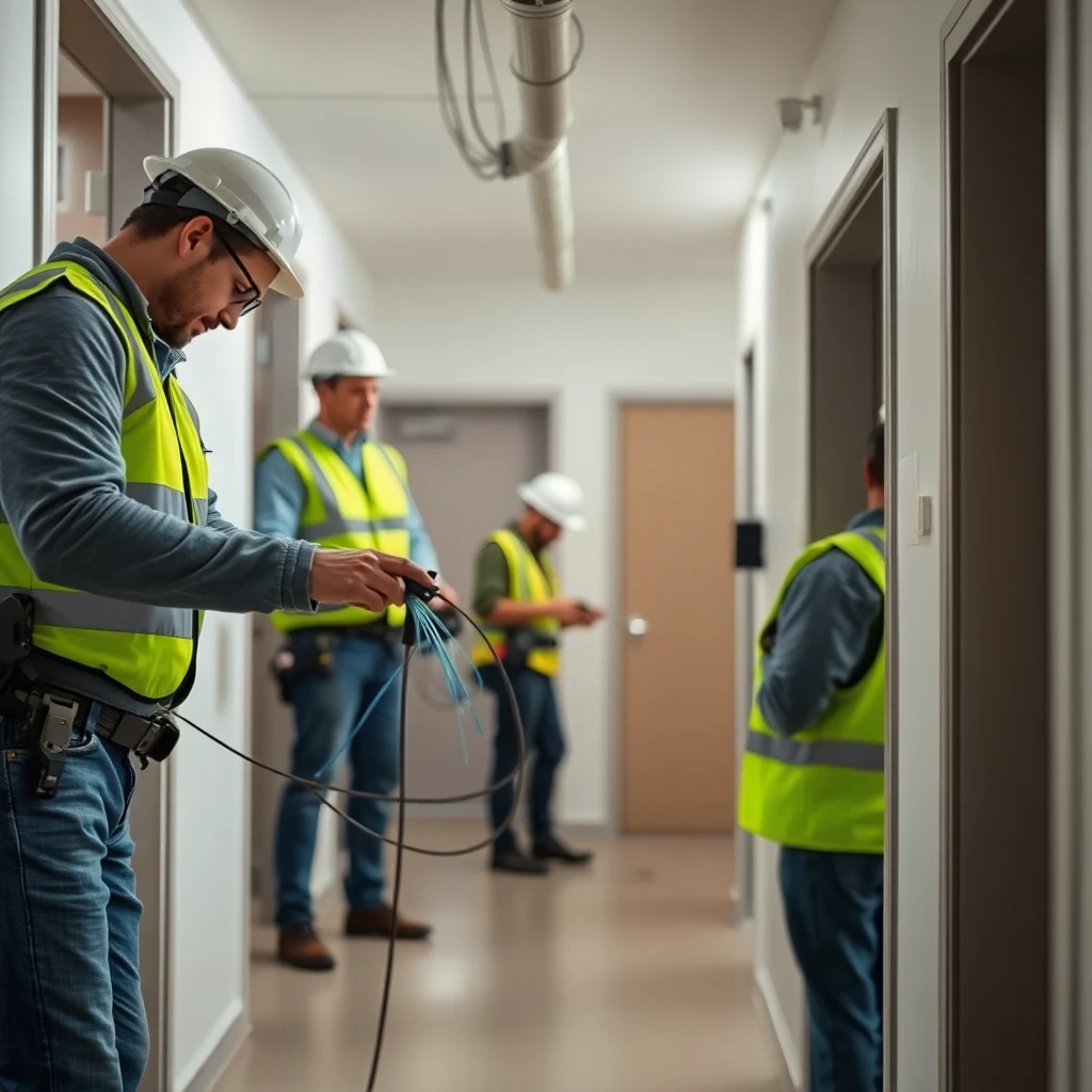 Modern apartment building in Pensacola with fiber optic installation team working on connectivity infrastructure