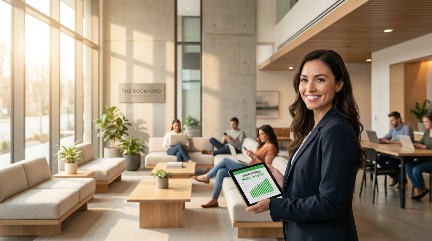 Modern apartment building in Rockford with fiber optic internet installation signage