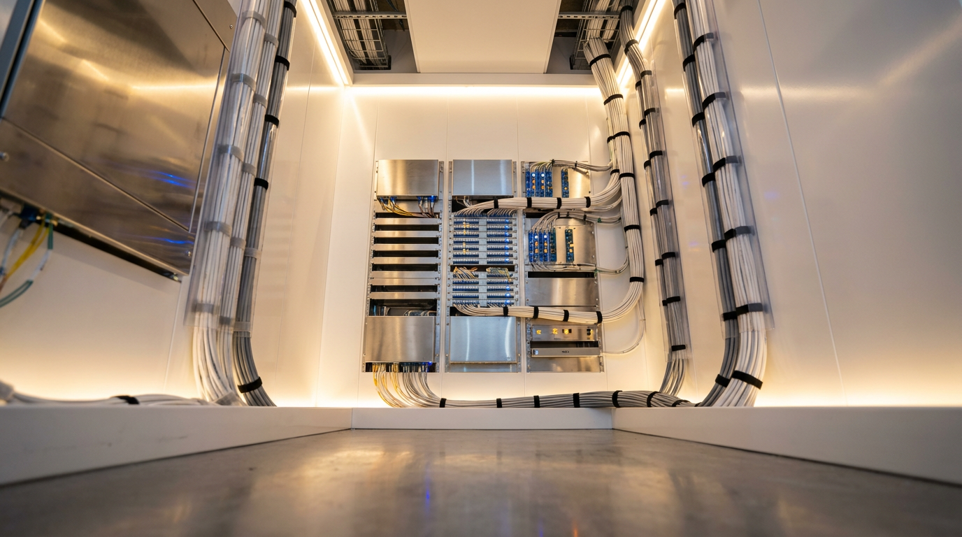 Network equipment room showing modern MDU internet distribution hardware and fiber connections