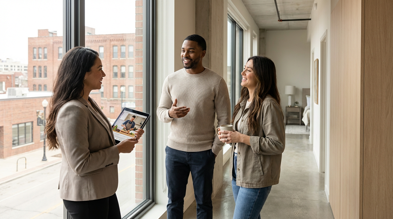 Happy residents in Rockford apartment enjoying fast internet for streaming and remote work