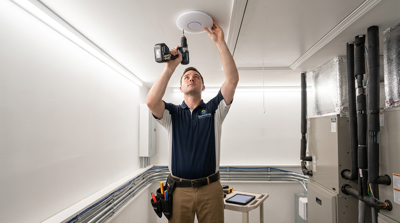 Network technician configuring MDU internet equipment in Spartanburg apartment building utility room