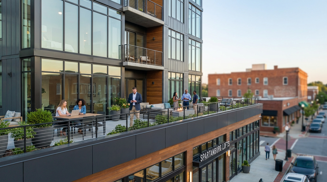 Aerial view of Spartanburg downtown showing mixed-use MDU developments with modern connectivity infrastructure