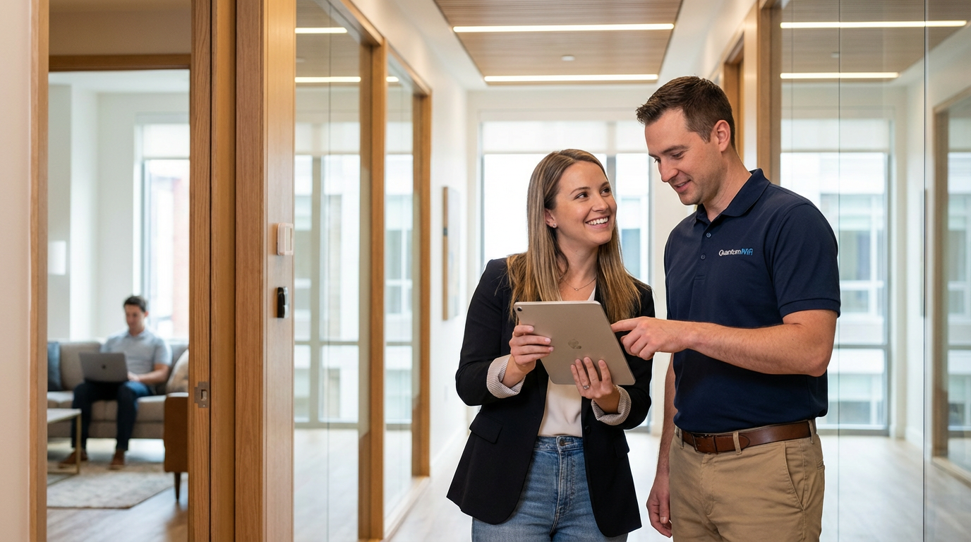 Property manager reviewing internet service options with Spokane MDU Internet Provider representative